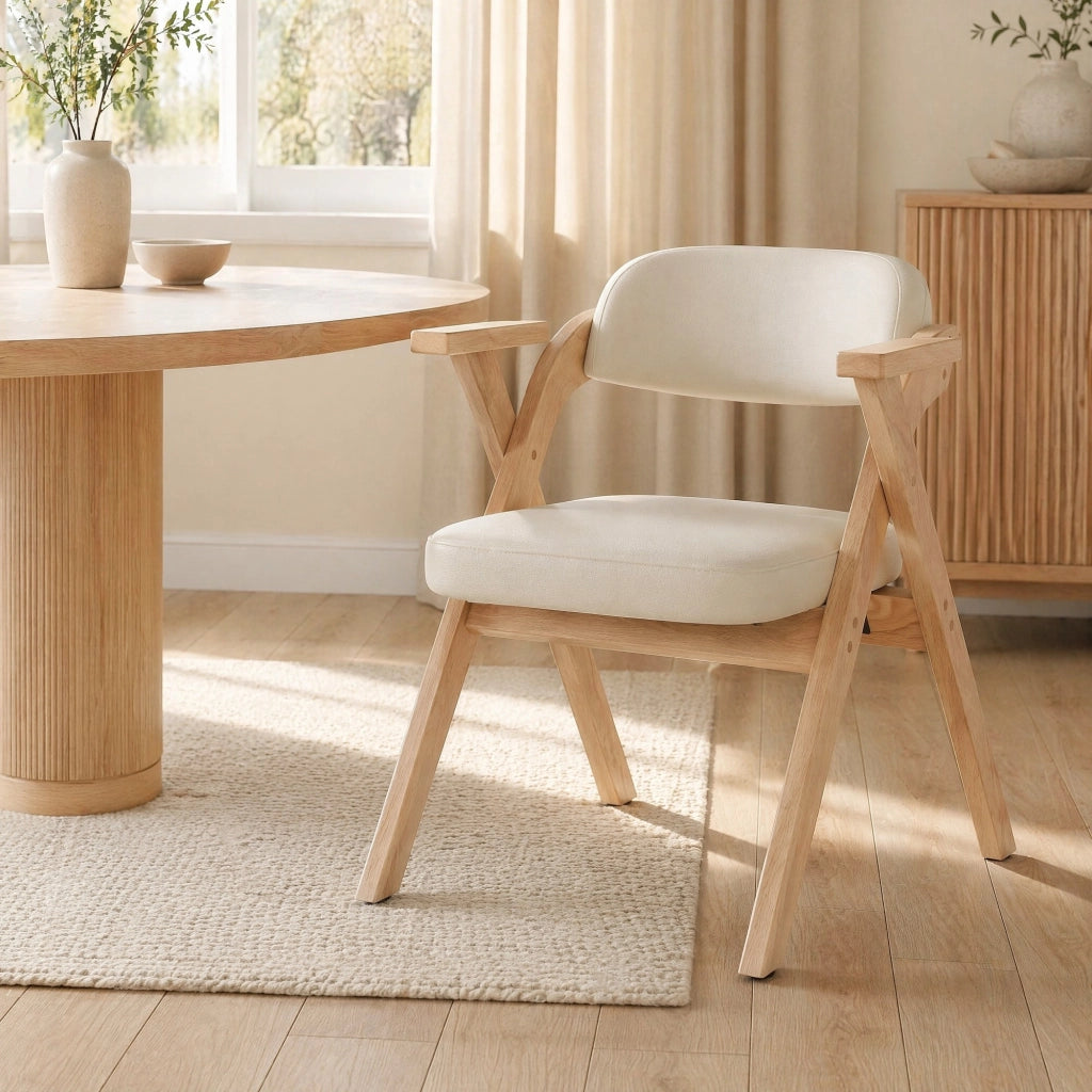 Set di 2 sedie da pranzo pieghevoli in legno massiccio con cuscino in lino, beige