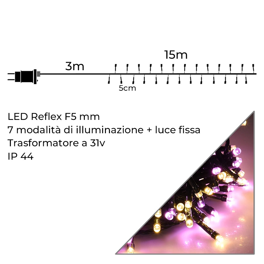 CATENA NATALIZIA 300 LED LUCE ROSA E GIALLA 15 METRI FILO VERDE - PER INTERNI ED ESTERNI IP44