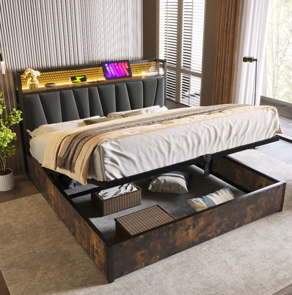Letto matrimoniale in metallo con LED RGBW, porte USB e testiera contenitiva