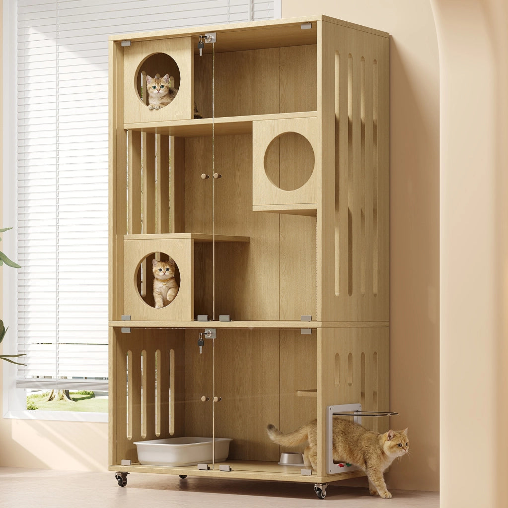 Gabbia per gatti in legno naturale con chiusura a chiave, 90 x 50 x 166 cm, casa a più livelli con porte e ruote silenziose