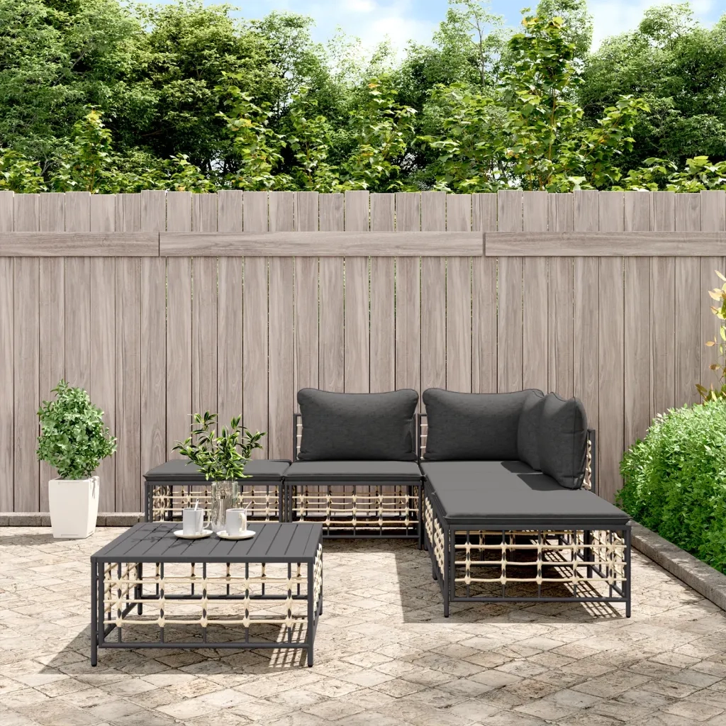 Set Divani da Giardino 6 pz | Set Salotto da Giardino con Cuscini Antracite in Polyrattan