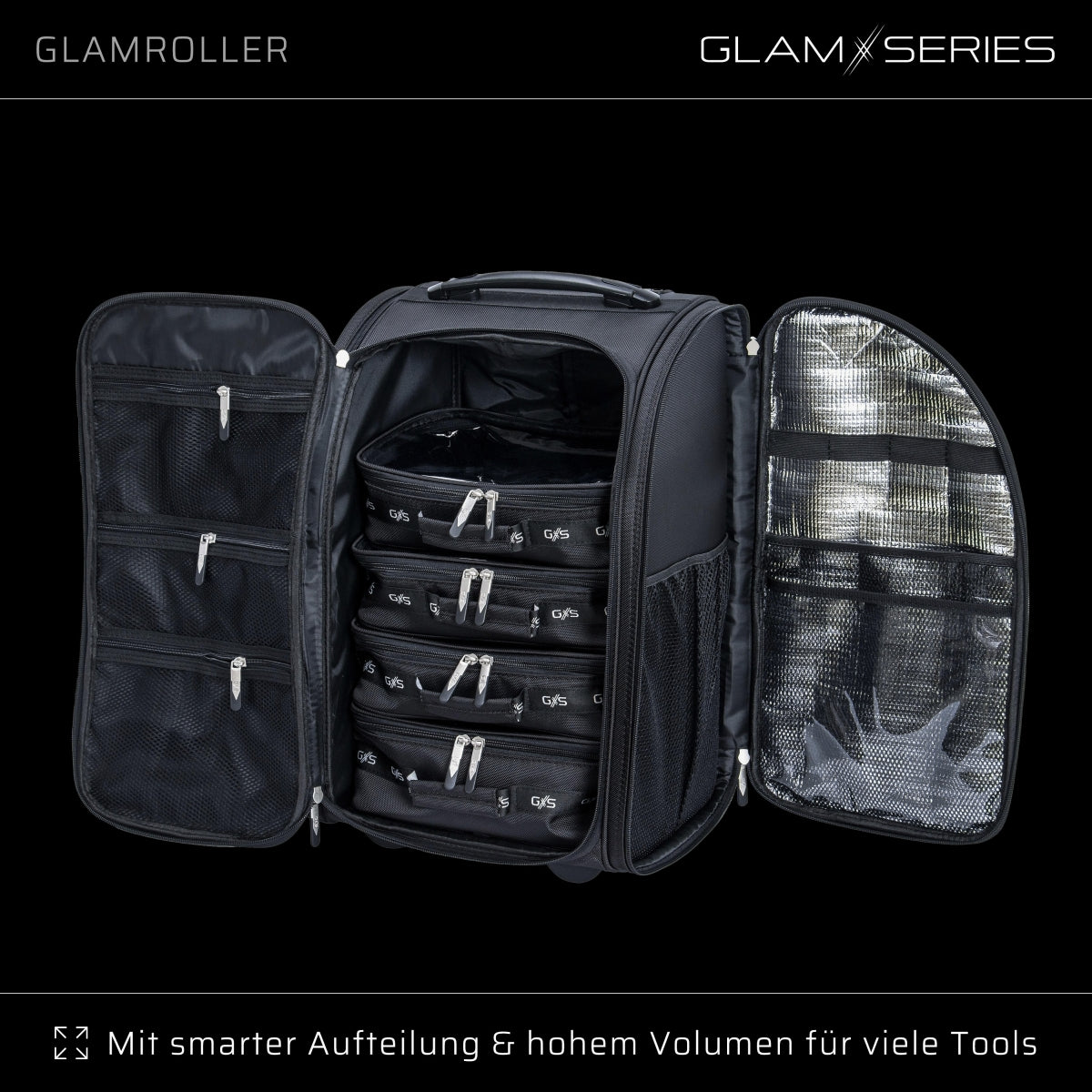 GlamSeries GlamRoller Trolley, valigia per trucco con 4 trousse, valigetta per make-up artist con scomparto con protezione termica, organizer per makeup artist, parrucchieri