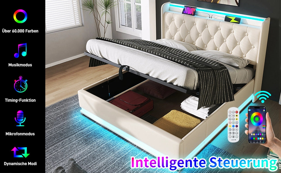 Letto imbottito con LED 360, vano contenitore e USB Type-C 140x190 bianco