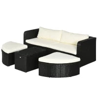 Salotto da Giardino con 2 Poltrone e 2 Poggiapiedi in Rattan PE, Tavolino in Vetro, Nero