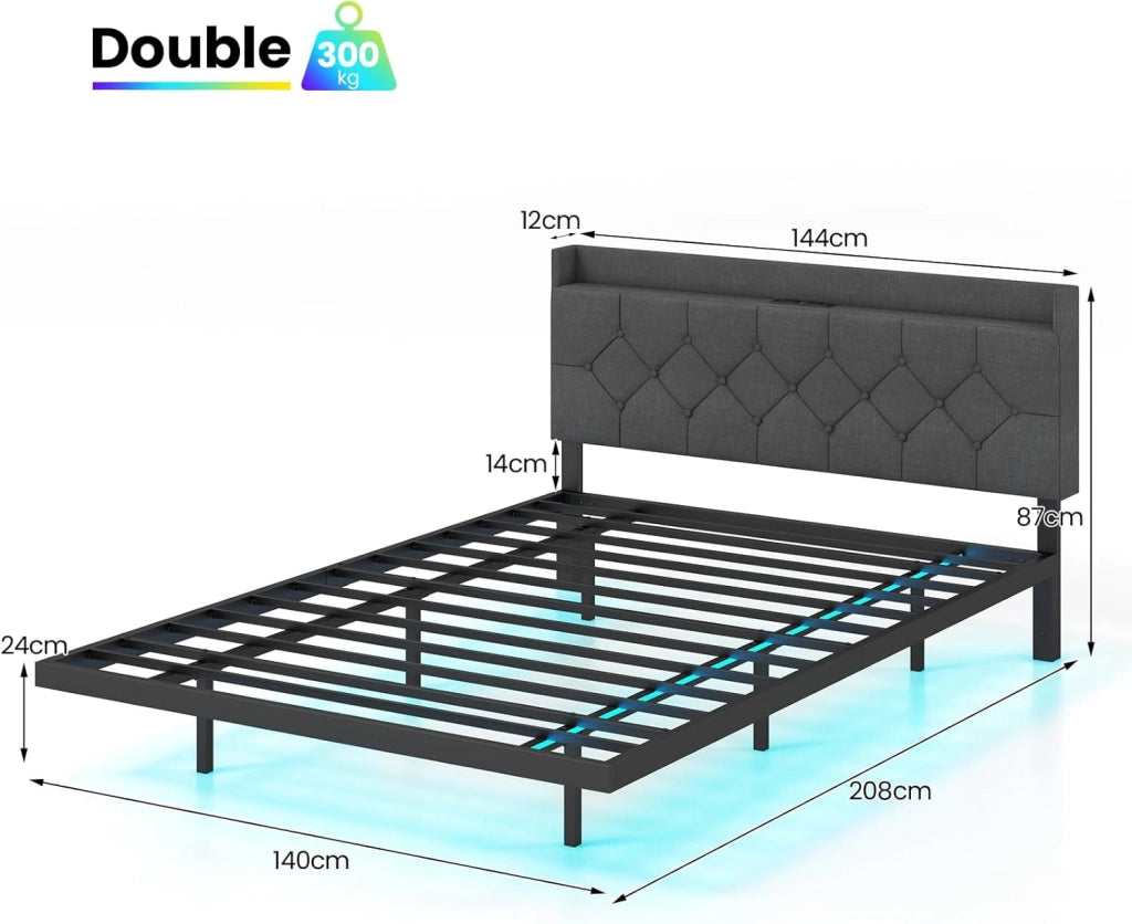 Letto Matrimoniale 140 x 200 Testiera con Luci LED, Struttura Letto a Doghe Carico 300 kg，Lettino con Struttura Moderno, Senza Materasso，Nero