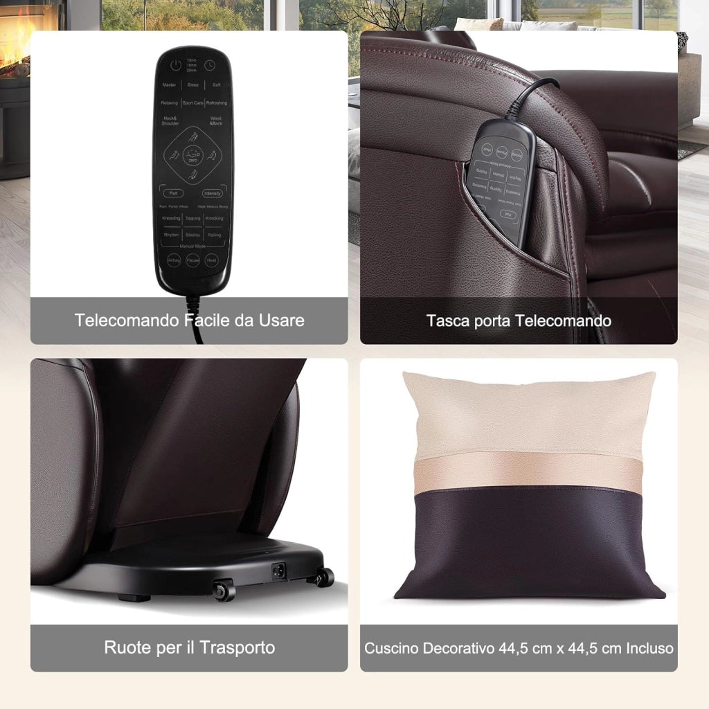 Poltrona Massaggiante Elettrica Shiatsu 8 Modalità, Poltrona Reclinabile con Riscaldatore Schienale, Rilevamento Automatico Spalle, Controllo Remoto, Ruote e Cuscino (Marrone)