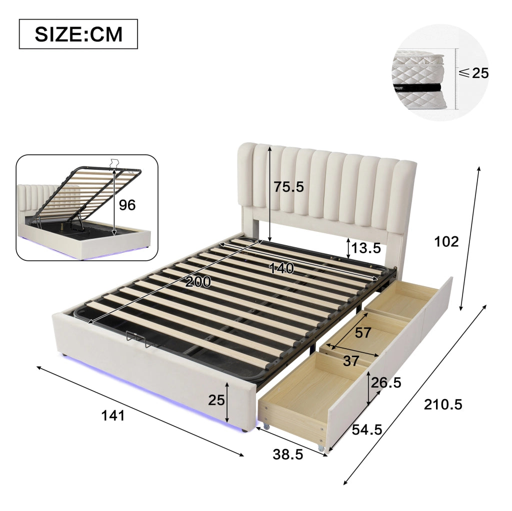 Letto 140x200 cm con contenitore idraulico; 3 cassetti e LED in velluto beige