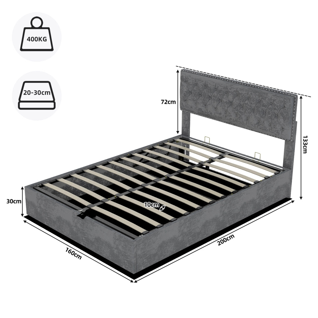Letto moderno minimalista con testiera morbida - Zephmum - 160x200 cm - Grigio - Struttura alta con asta idraulica