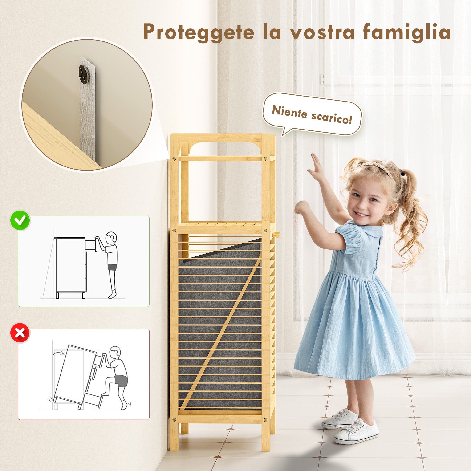 Mobile Bagno a Doghe con Cesto Portabiancheria 40x30x95 cm Apertura a Ribalta in Bambù e Poliestere Grigio e Legno
