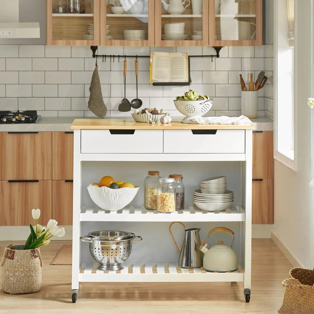 Mobile Cucina Salvaspazio Carrello Cucina con Ruote Credenza Cucina Mobiletto Cucina Dispensa Isola Cucina Mobile Cucina con Cassetti Piano in Legno Bianco-Naturale 98x94x58 cm FKW74-WN