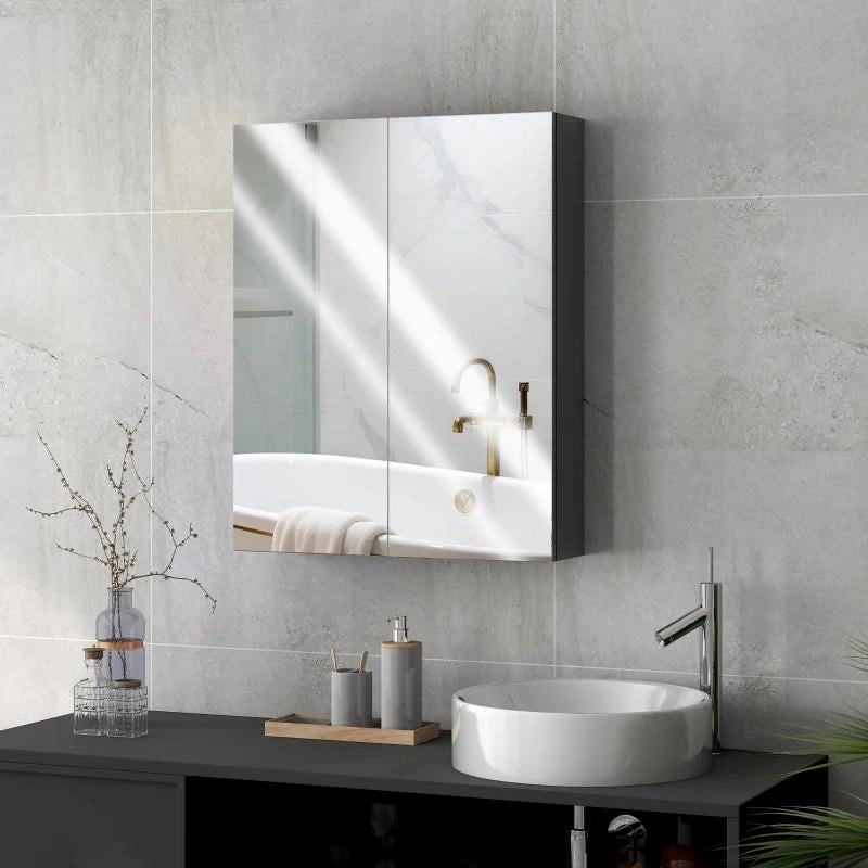 ARMADIETTO PENSILE BAGNO 2 ANTE CON SPECCHIERA E 2 RIPIANI INTERNI IN MDF, 60X15X75 CM, NERO