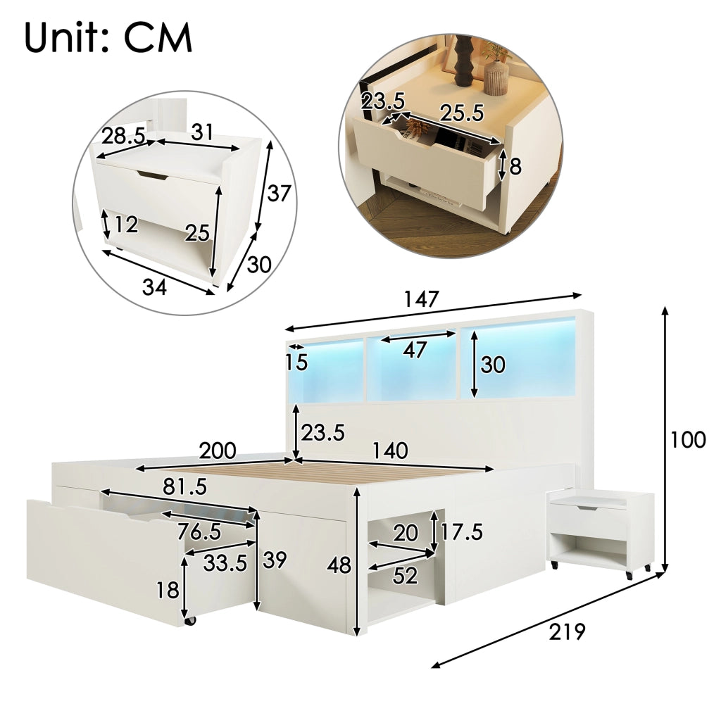 Letto matrimoniale 140x200 cm in legno bianco con LED; USB Type-C; comodini mobili e contenitore