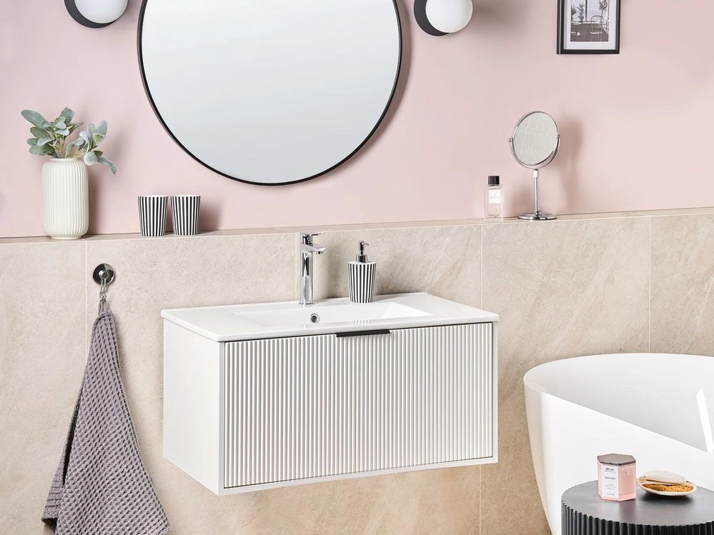 Mobiletto a muro con lavabo in legno massiccio Bianco con maniglia nera per il bagno 80 cm stile moderno