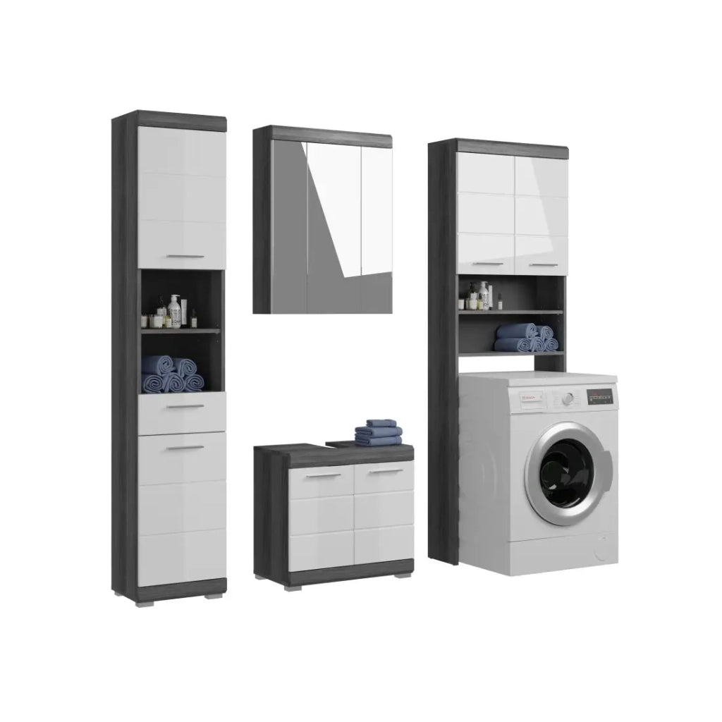 Set bagno SCOTT – Mobile sotto lavabo, colonna, mobiletto specchio e mobile per lavatrice – Grigio scuro e bianco