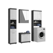 Set bagno SCOTT – Mobile sotto lavabo, colonna, mobiletto specchio e mobile per lavatrice – Grigio scuro e bianco