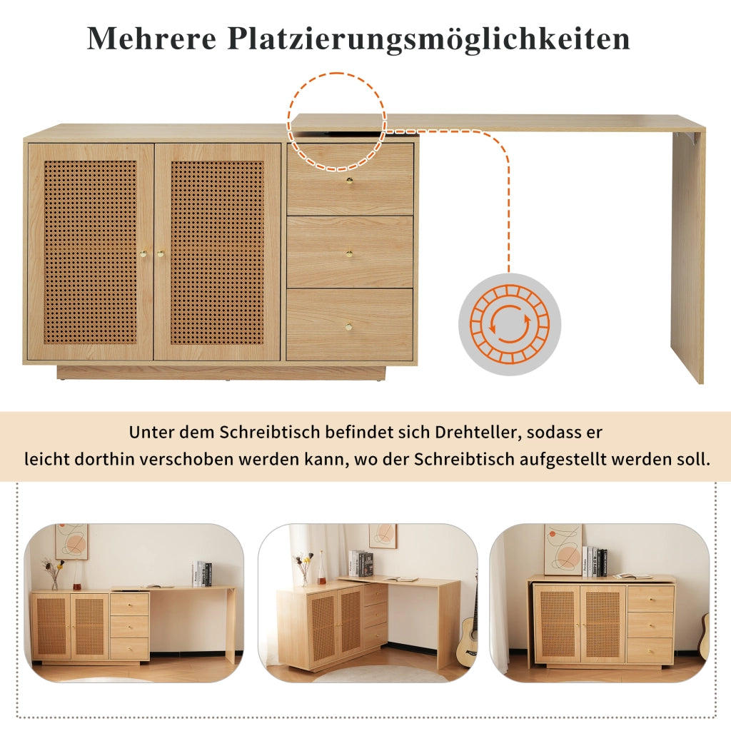 Scrivania angolare con mobile contenitore e piano girevole a 360°, 3 vani e ripiani regolabili, per ufficio, in MDF naturale, 126 × 40 × 75 cm
