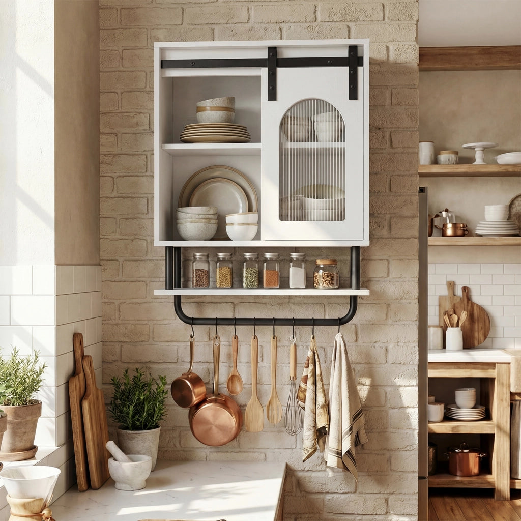 Armadietto bagno parete legno pensile ripiano aperto anta scorrevole portasciugamani, Armadietto medicinali salvaspazio cucina soggiorno 50x20x70cm
