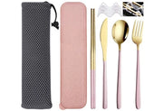 Set di Cucina in Acciaio Inossidabile, Kit di Cucina da Viaggio con Scatola di Riposo e Borsa, Coltello, Forchetta, Cucchiaio, Spiedini da Cucina, Set per Ufficio, Scuola, Viaggi, Campeggio (Rosso- Oro)