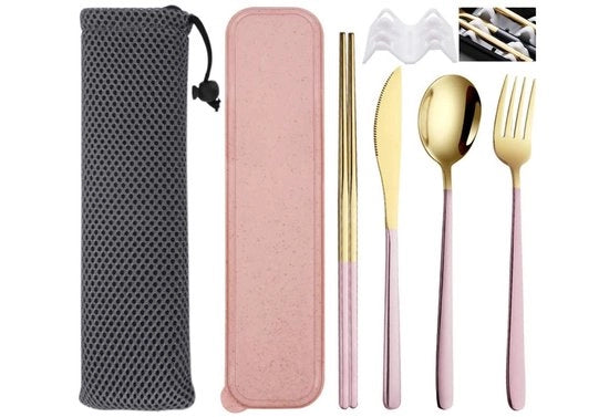 Set di Cucina in Acciaio Inossidabile, Kit di Cucina da Viaggio con Scatola di Riposo e Borsa, Coltello, Forchetta, Cucchiaio, Spiedini da Cucina, Set per Ufficio, Scuola, Viaggi, Campeggio (Rosso- Oro)