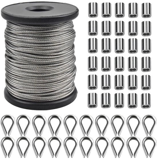 Cavo in Acciaio Inox 50 m - Diametro 1,5 mm - 30 Fermoferri in Alluminio - 20 Fermoferri Cavo in Acciaio - Resistente alla Corrosione - Cavo in Acciaio