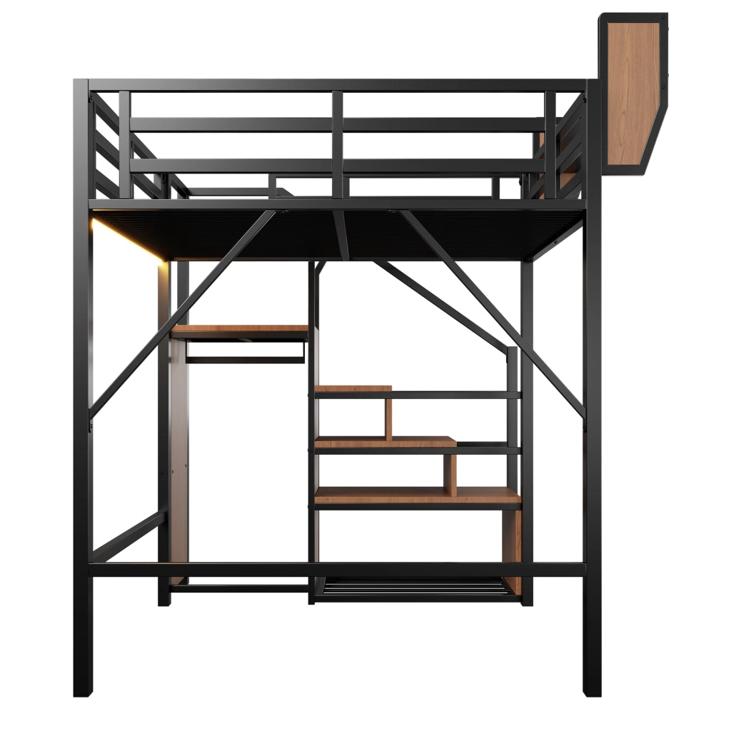Letto a soppalco 140 × 200 cm con LED, scala di sicurezza e ripiano regolabile, senza materasso, metallo nero