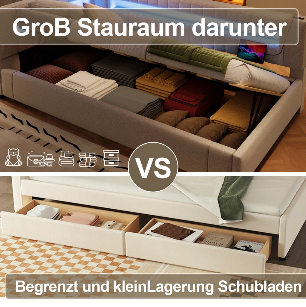 Letto a scomparsa con LED, porte USB e contenitore idraulico 90x200 cm beige