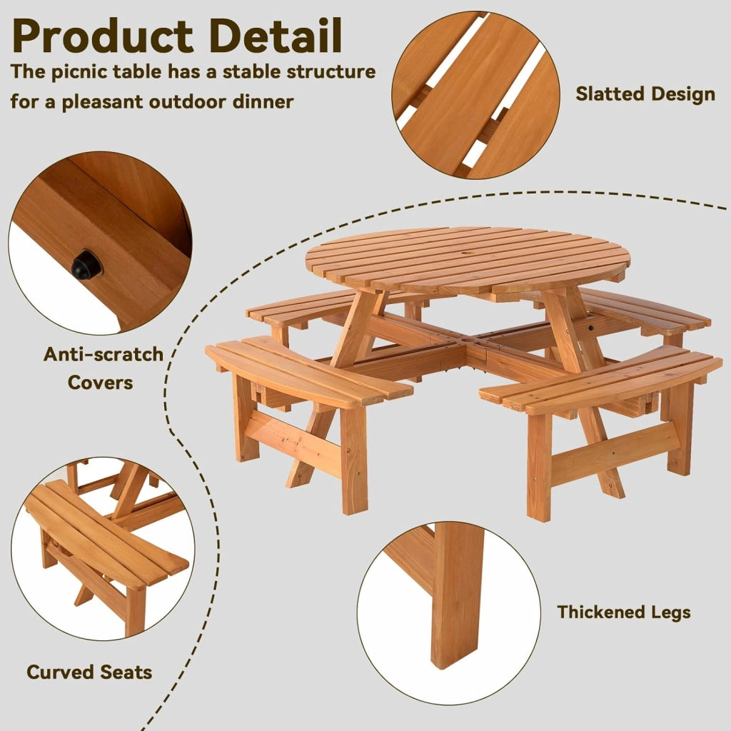 Set da Giardino per 8 Persone in Legno di Abete, Tavolo con Sedie Integrato e Foro per Ombrellone, Mobili da Esterno per Terrazza, Cortile e Pic-Nic, 178 x 70 cm