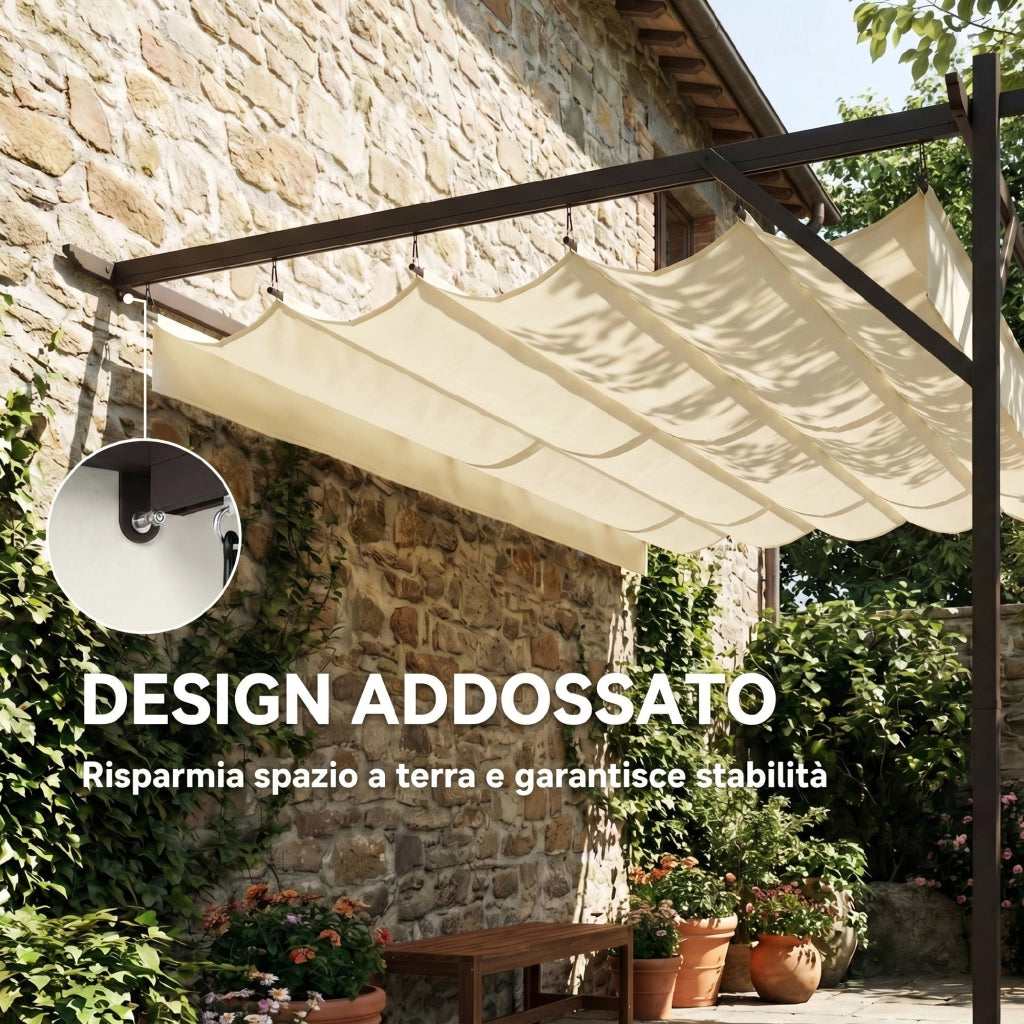Gazebo Pergola Addossata 3x3 m con Tetto Scorrevole e Fori di Drenaggio, Crema