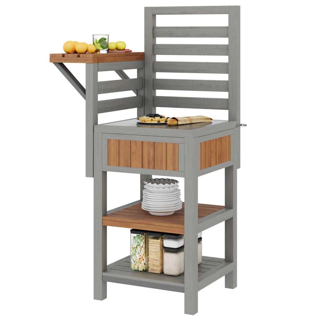 Mobile da esterno in legno massello con piano in acciaio inox e doppio ripiano; 74x54x149 cm; naturale