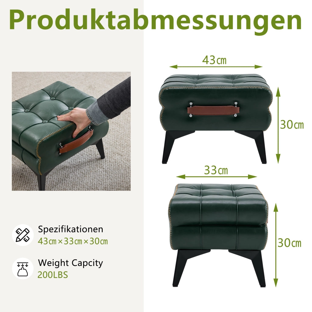 Pouf multifunzione per cambio scarpe con maniglia, piedini antiscivolo e gambe in acciaio in pelle PU verde