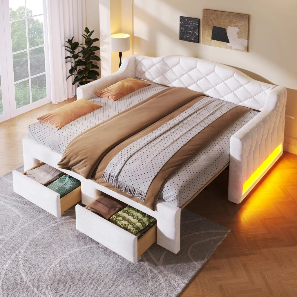 Divano letto imbottito estensibile 90x200 cm fino a 180x200 cm; con 2 cassetti e LED; bianco