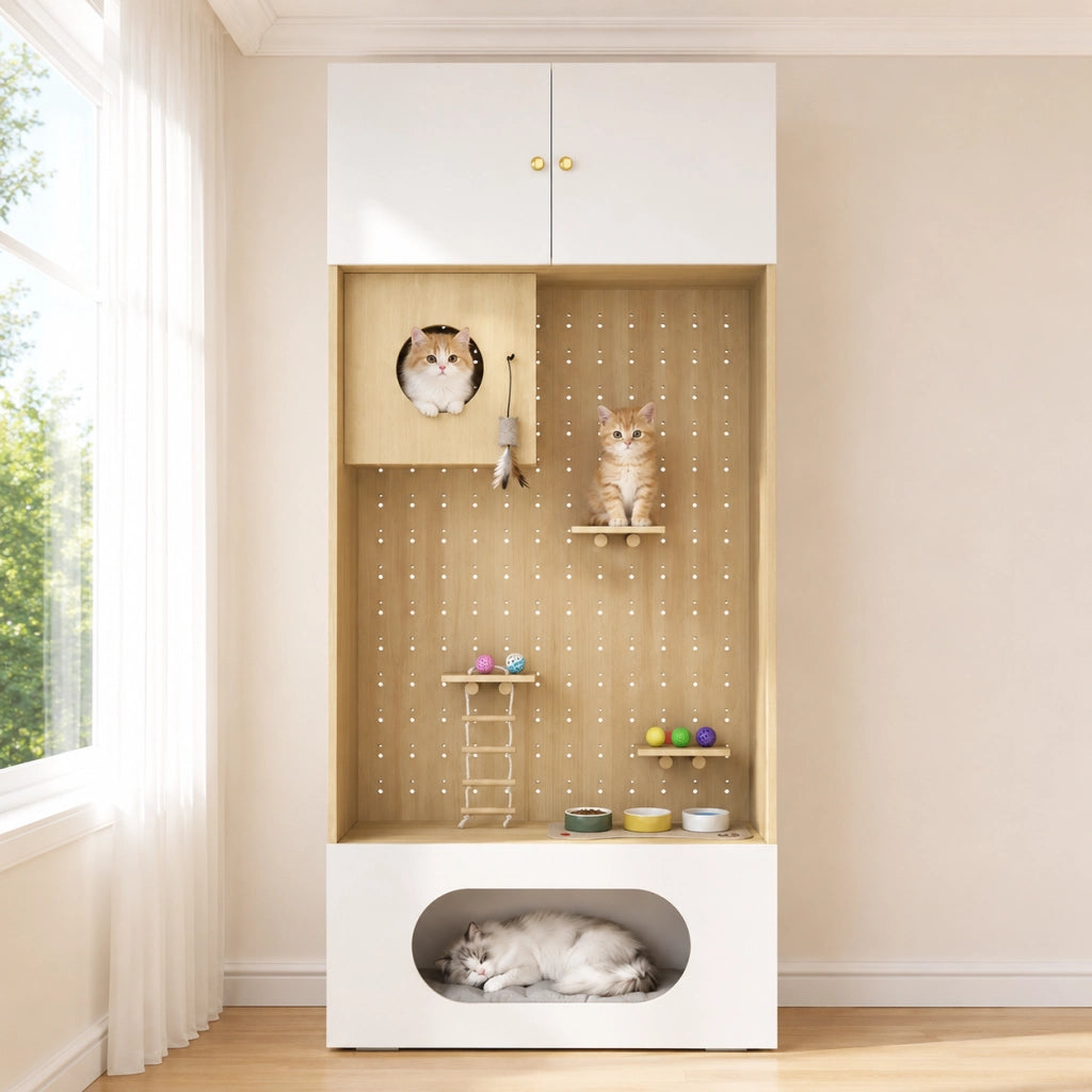 Mobile contenitore per animali con parete da arrampicata e cuccia, vano chiuso, bianco effetto legno, 90×50×200 cm