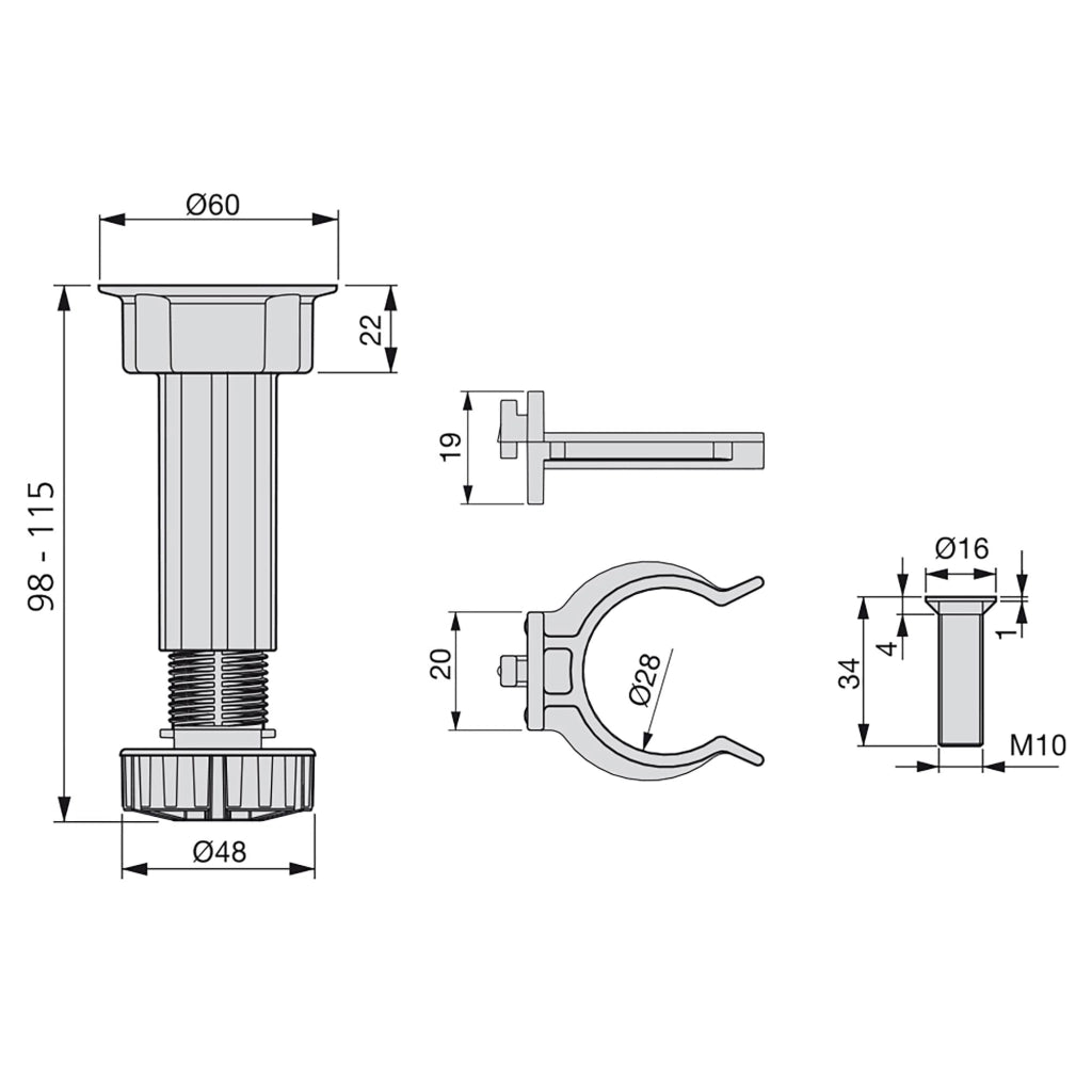 Piedino Regolabile con Base Pre-Assemblata per Mobile 98-115 mm Plastica Nero 40 Pezzi Emuca