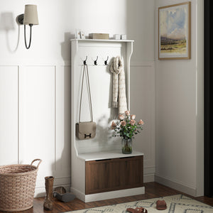 Mobile Appendiabiti 3 in 1 71,5x39,5x170 cm con 4 Ganci e Panca Contenitore in Legno Bianco