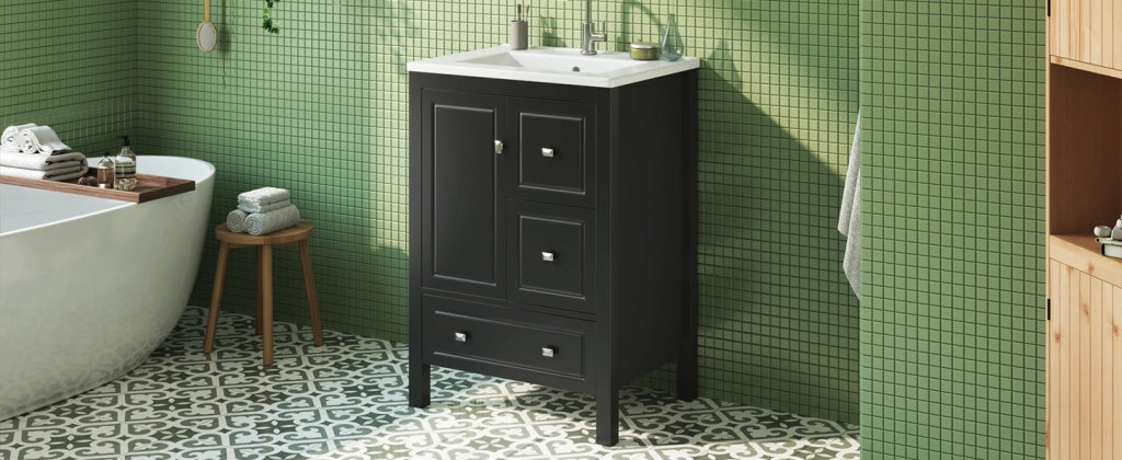 Mobile sottolavabo da bagno con lavabo in ceramica, 1 porta e 3 cassetti, in MDF laccato, nero, 62 × 47 × 90 cm