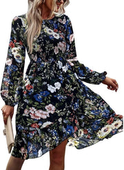 Abito da Giorno - Fiori - Lunghe Maniche - Casual - Cintura Media - Con Bottone di Cerniera - Chiusura con Zip - Adatto per Primavera/Autunno - Abito Estivo
