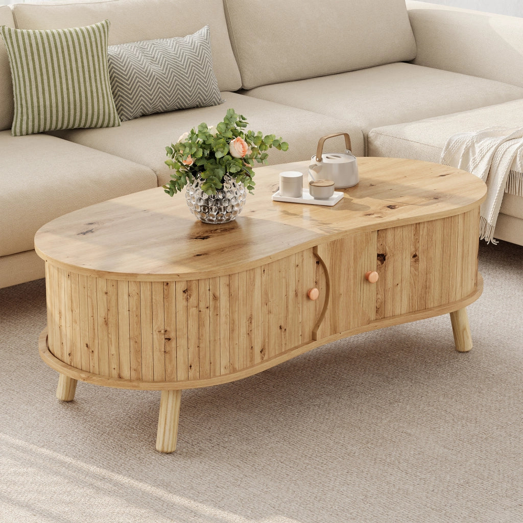 Tavolino da Salotto a Forma di Pisello con 2 Ante Scorrevoli ¨C MINIMAL ¨C MDF, Gambe in Legno Massello
