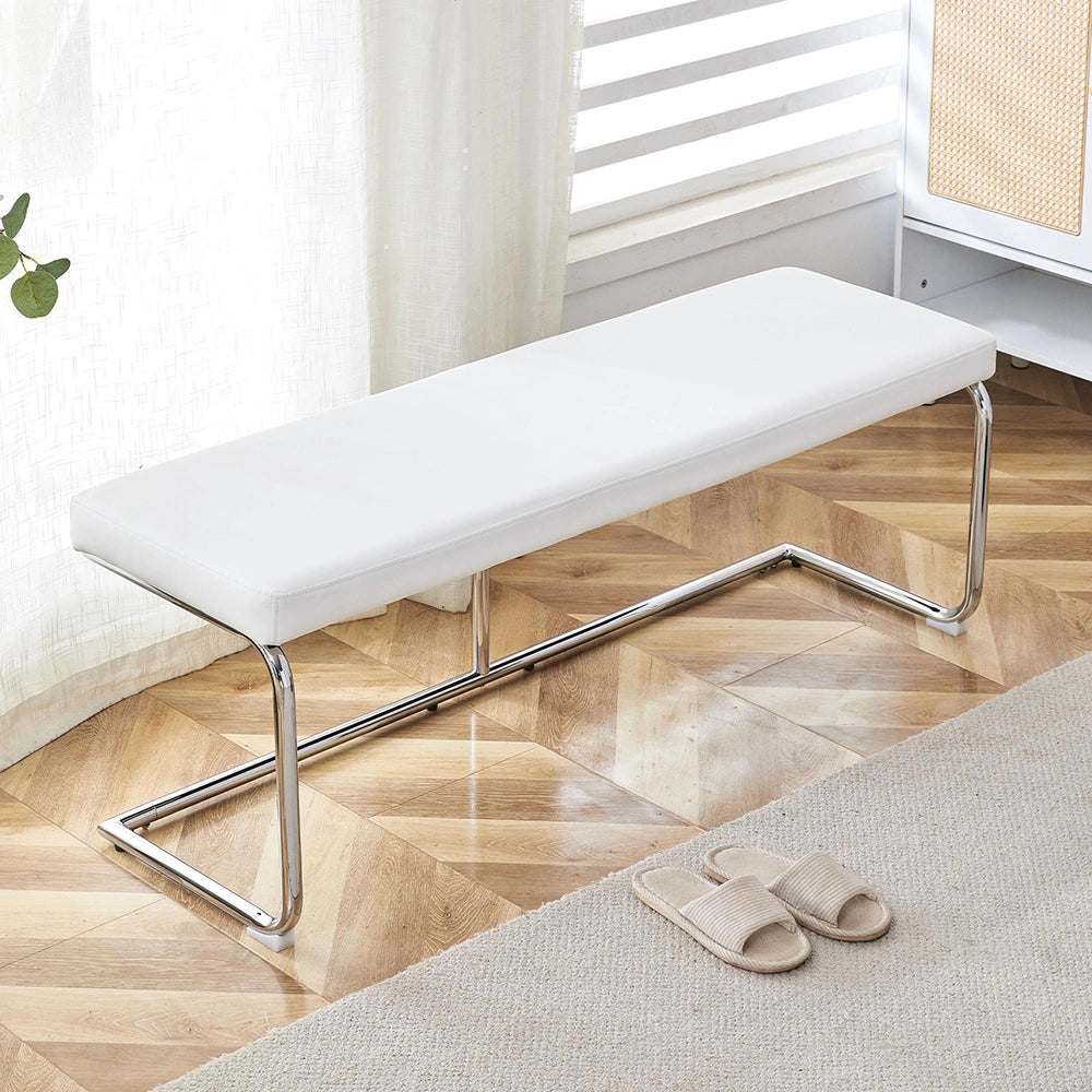 Panchina in pelle bianca 130 cm - Xylo - struttura cromata, moderna, per sala da pranzo, ingresso, soggiorno