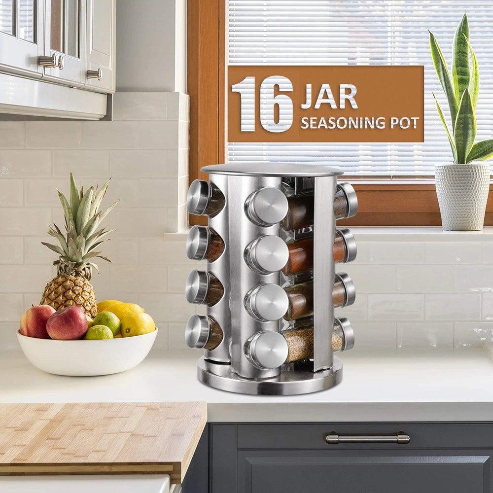 Trade Shop - Porta Spezie Girevole A 360° In Acciaio Con 16 Barattoli In Vetro Design Compatto Moderno -