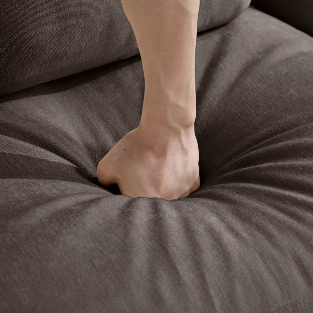 Divano modulare in ciniglia marrone con pouf separato e cuscini mobili