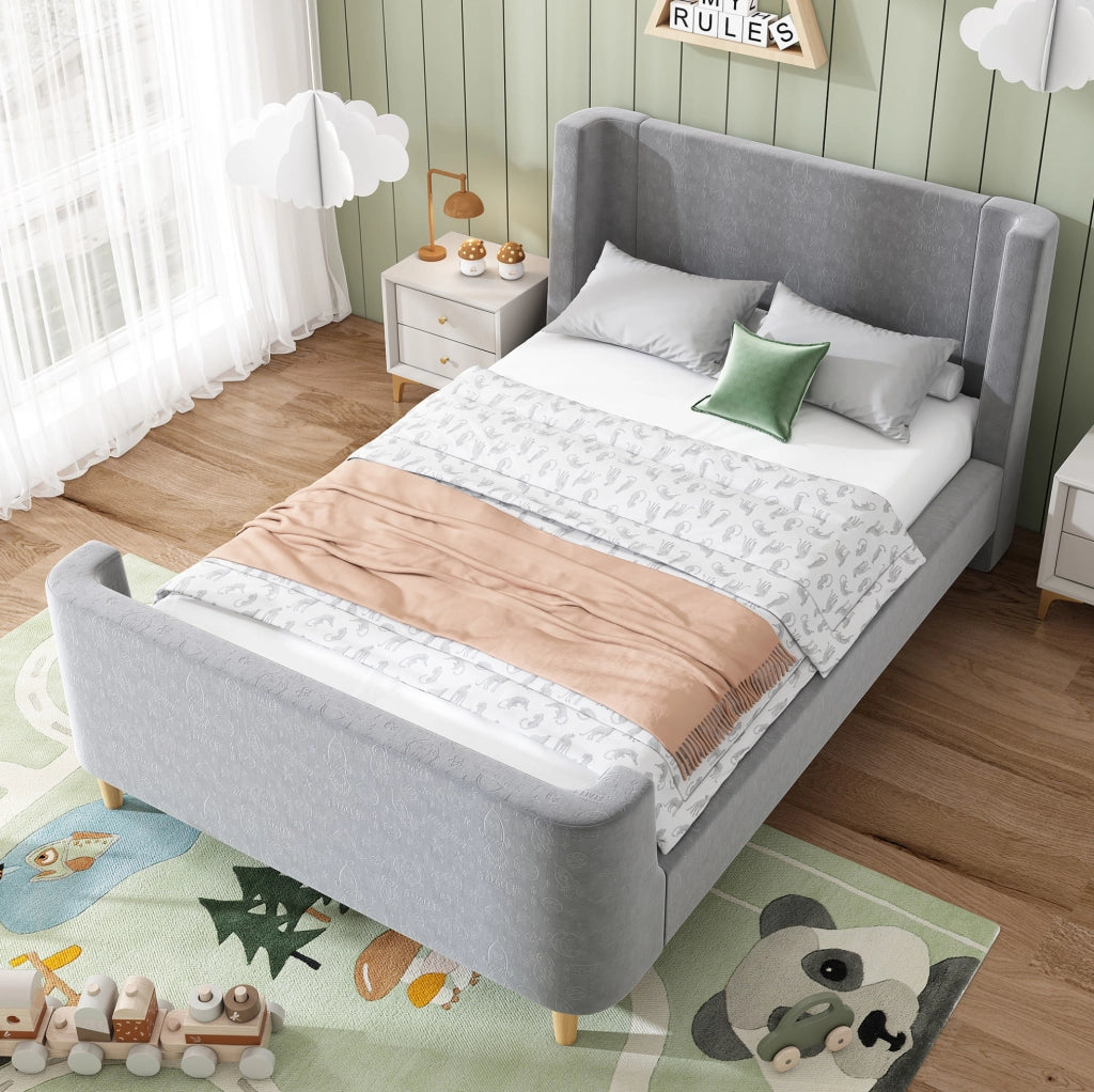 Letto singolo a slitta con motivo spaziale; 90x200 cm; in velluto grigio