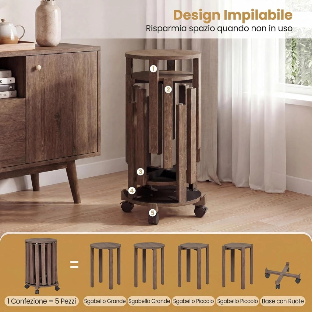 Set di 4 Sgabelli Impilabili 4 in 1, Sgabelli in Legno con Portavaso con Rotelle, 2 Grandi Ø36 cm e 2 Piccoli Ø35 cm, Tavolino Laterale Rotondo per Soggiorno e Camera da Letto (Marrone)