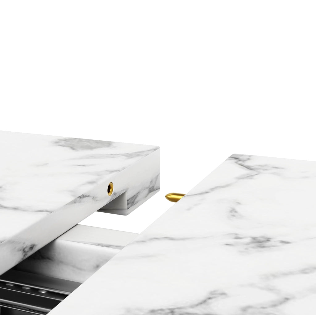Tavolo da pranzo allungabile 120/160x80x76 cm; MDF e metallo; bianco; effetto marmo