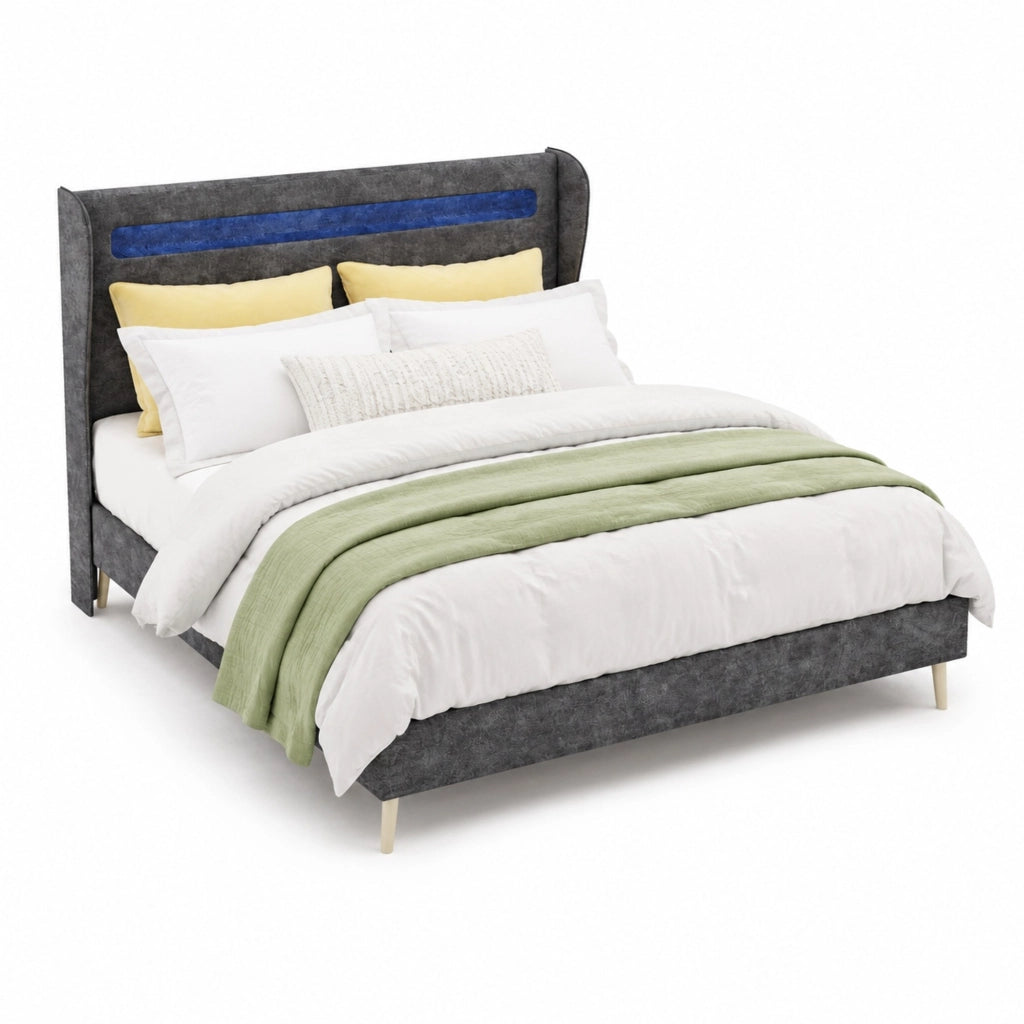 Letto matrimoniale imbottito con testiera regolabile e LED; 140 x 200 cm; grigio
