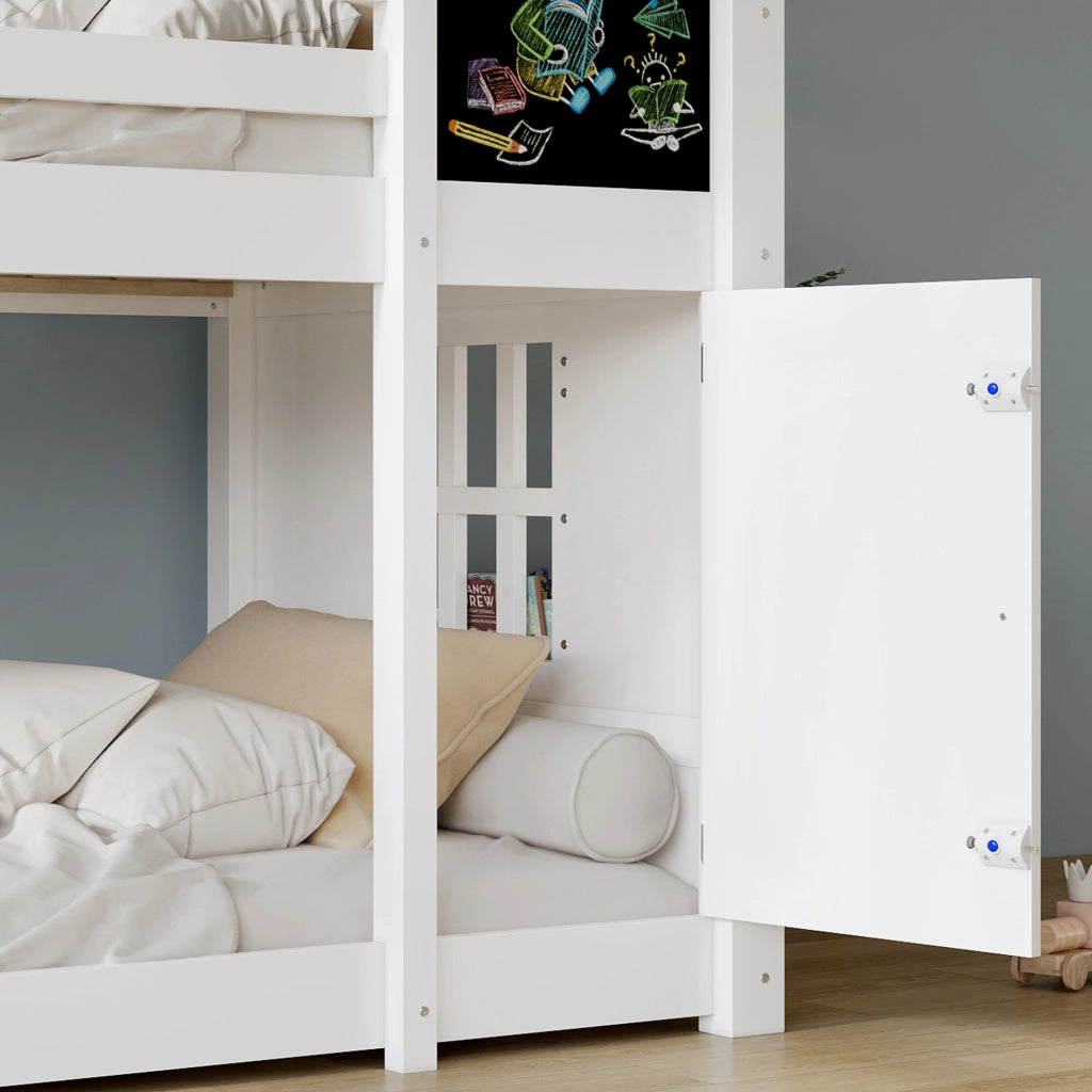 Lit a castello per bambini 90 × 200 cm 2 posti con porta, lavagna, finestre, tetto e scala inclinata, senza materasso, bianco