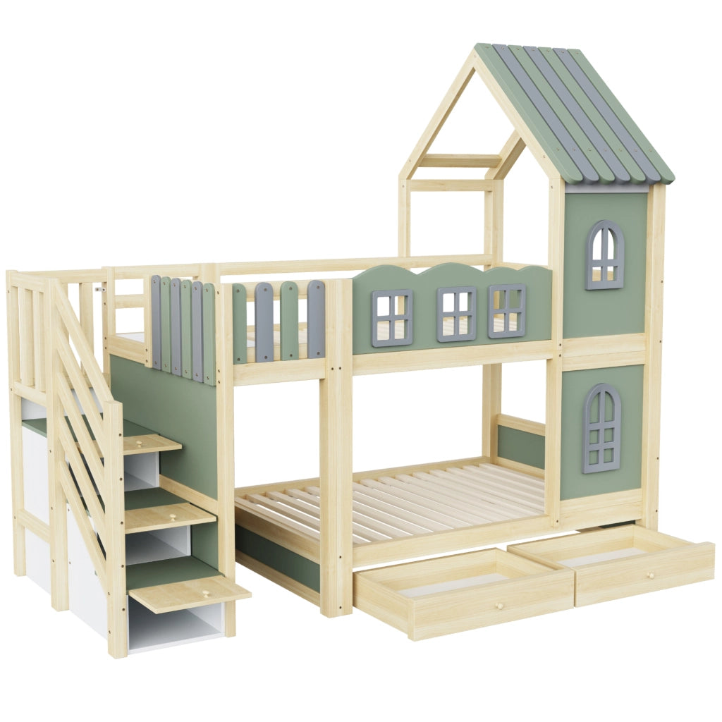 Letto a castello a casetta 90x200 cm con scala contenitore e cassetti