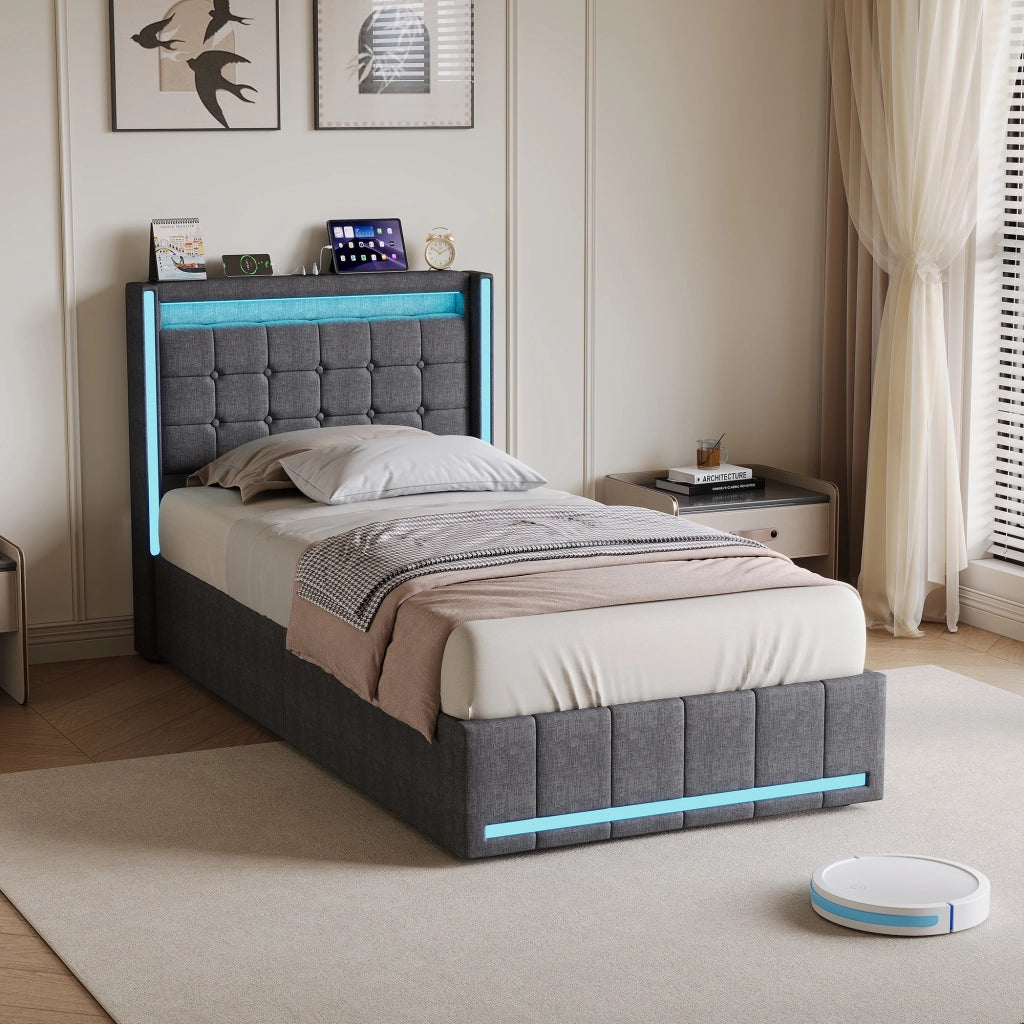 Letto singolo 90x200 cm con contenitore e LED  struttura letto con testiera e USB  letto contenitore in acciaio-grigio