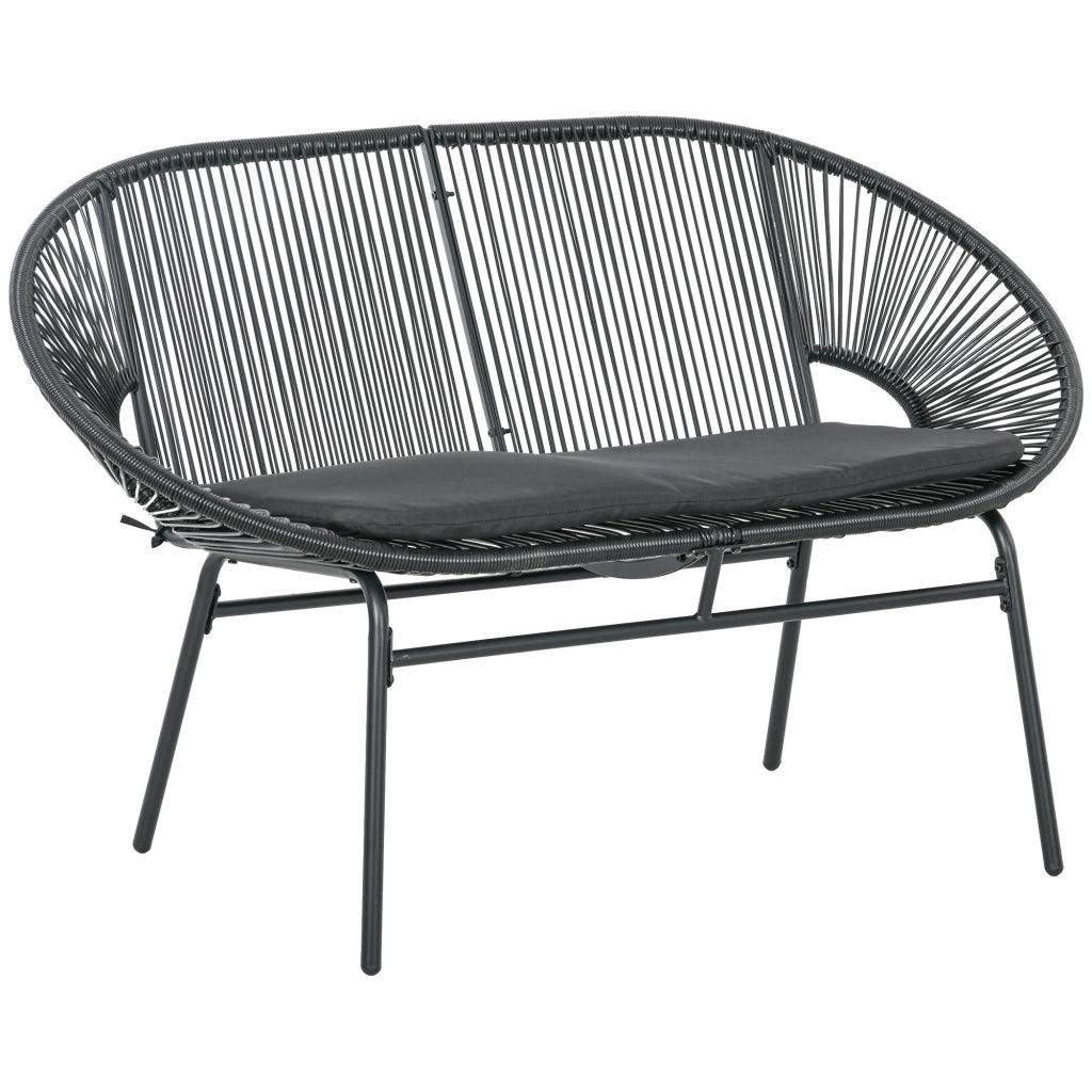 Divano da Giardino 2 Posti 132x72x83 cm con Cuscini e Braccioli in Rattan PE e Acciaio Nero