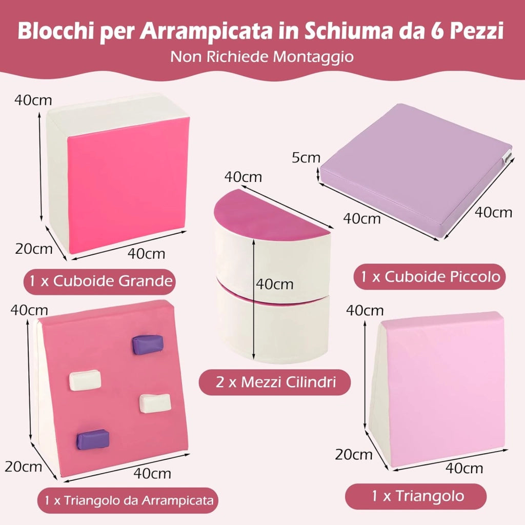 Set di 6 Blocchi di Schiuma per Arrampicata per Bambini, Blocchi in Schiuma per Arrampicarsi e Strisciare, Costruzione Mattoncini Morbidi per Bambini 12+ Mesi (Rosa)