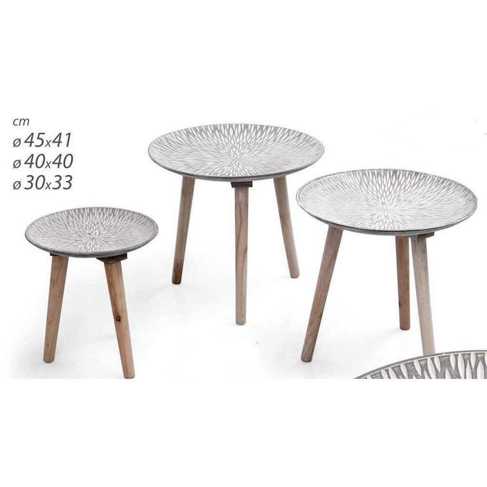 Trade Shop - Set 3 Tavolini Tavolo Mdf Piedi Legno Salotto Giardino ø45-40-30cm Tondi 783944 -